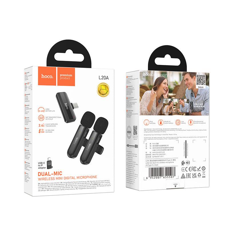 Hoco L20A Dual Wireless Lavalier Microphone – Type-C & Lightning - Image 4